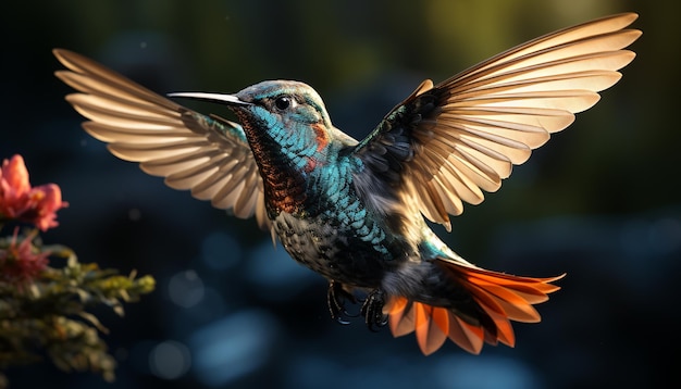 Free photo hummingbird flying nature beauty in vibrant multi colored wings generated by artificial intelligence