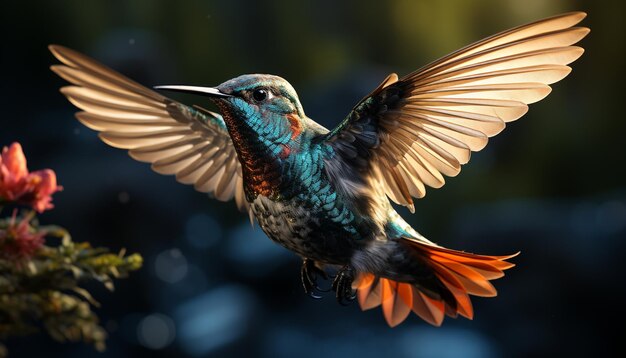 Hummingbird flying nature beauty in vibrant multi colored wings generated by artificial intelligence