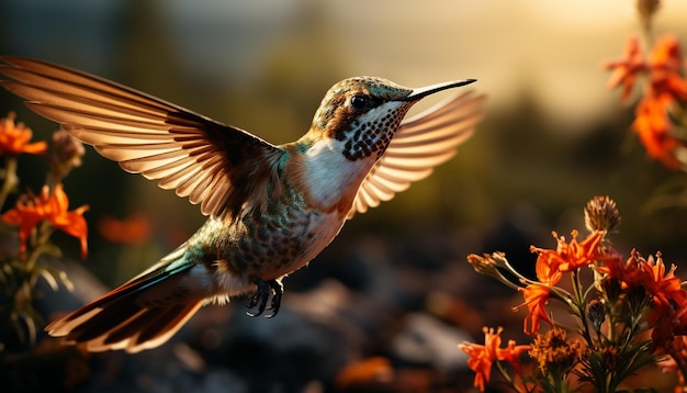 Foto gratuita colibrì che vola con ali spiegate che impollinano fiori nella bellezza della natura generata dall'intelligenza artificiale