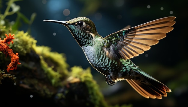 Foto gratuita colibrì che vola con colori vivaci della bellezza della natura in una scena tranquilla generata dall'intelligenza artificiale
