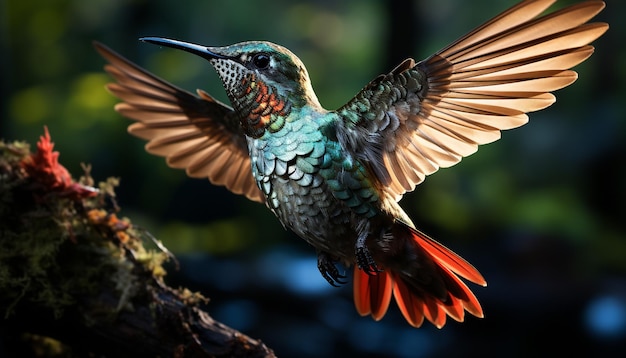 Free photo hummingbird flying vibrant colors nature beauty in tropical rainforest generated by artificial intelligence