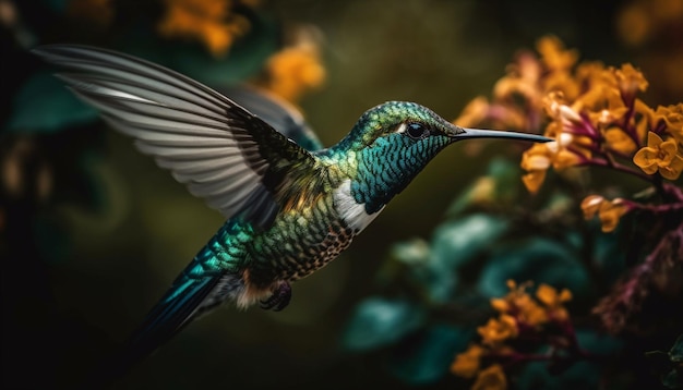 Hummingbird hovering iridescent feathers multi colored beak pollinating vibrant flowers generated by AI