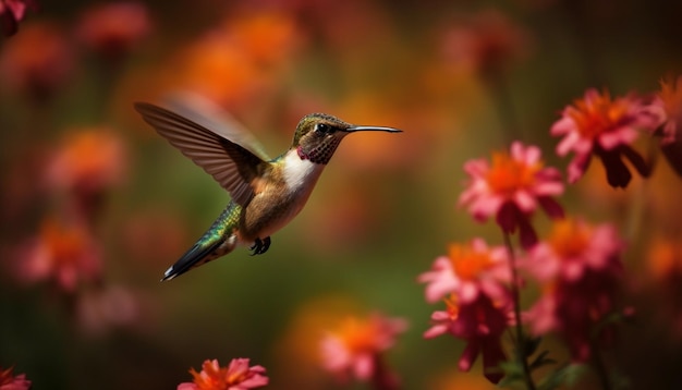 Hummingbird hovering mid air spreading wings pollinating vibrant flower blossom generated by AI