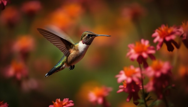 翼を広げて空中にホバリングし、AI によって生成された鮮やかな花を受粉するハチドリ