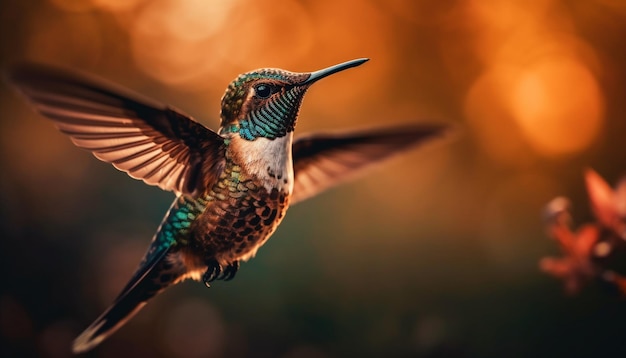 Hummingbird hovering spreading iridescent wings in nature generated by AI