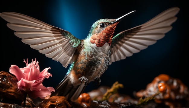 虹色の羽を広げてホバリングし、人工知能によって生成された空中で鮮やかな花に受粉するハチドリ