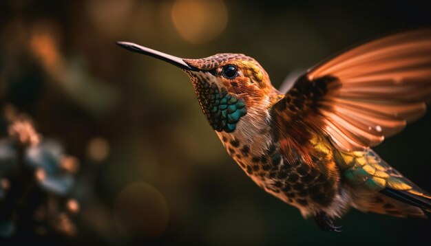 Hummingbird hovering vibrant iridescent feathered beauty in nature generated by AI