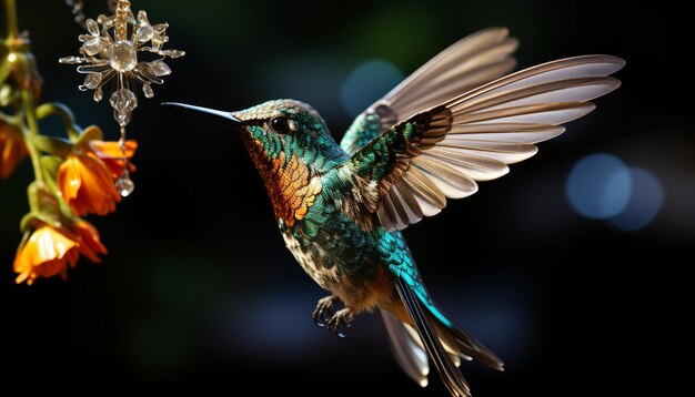 羽を広げてホバリングするハチドリが受粉し、人工知能によって生成された鮮やかな虹色を見せている