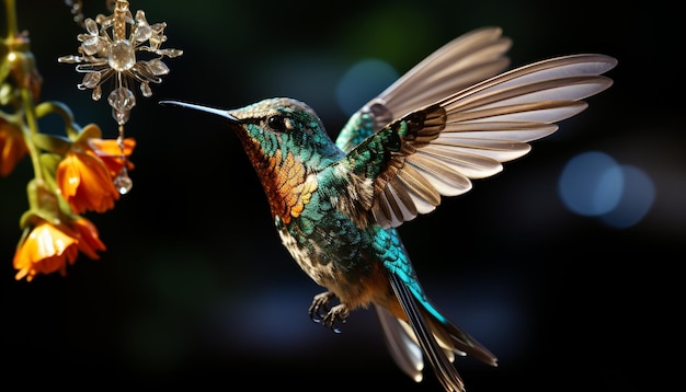 Hummingbird hovers spreads wings pollinates showcasing vibrant iridescence generated by artificial intelligence