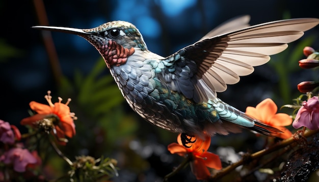 Foto gratuita colibrì appollaiato su un ramo che diffonde ali vibranti in natura generate dall'intelligenza artificiale