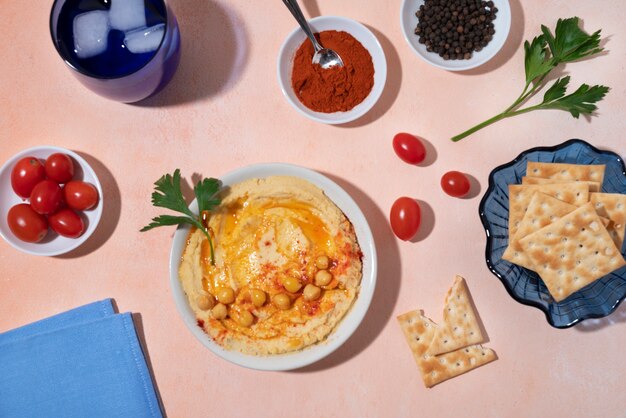 Hummus and crackers arrangement top view