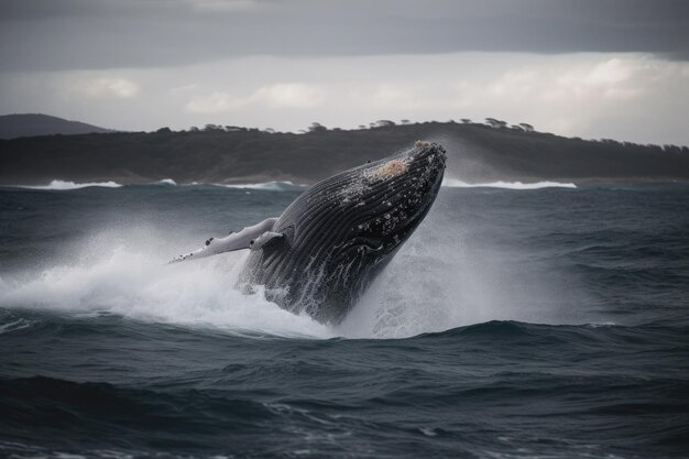 A humpback whale jumping over the sea Ai generative