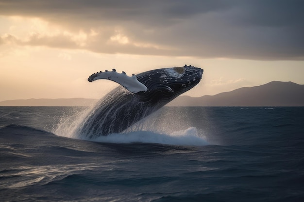 A humpback whale jumping over the sea Ai generative