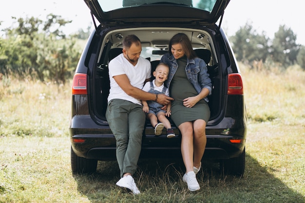 妊娠した妻と車に座っている息子との夫