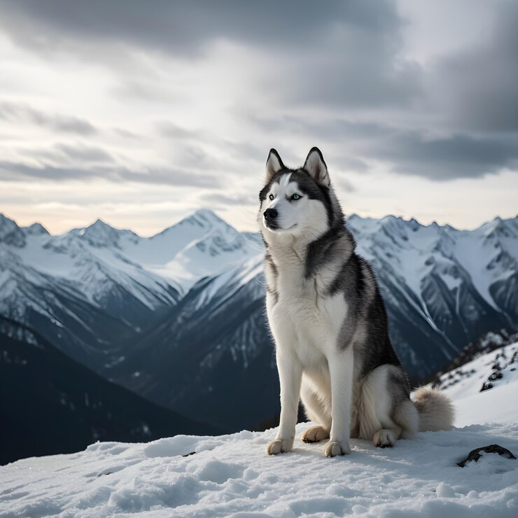 Free Photo husky dog sitting in the snowy mountains