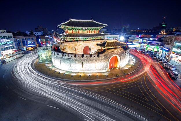 Hwaseong fortress and car light in Suwon,Korea