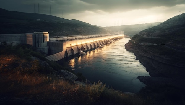 Бесплатное фото Гидроэлектростанция вырабатывает электроэнергию в горном ландшафте, созданном искусственным интеллектом
