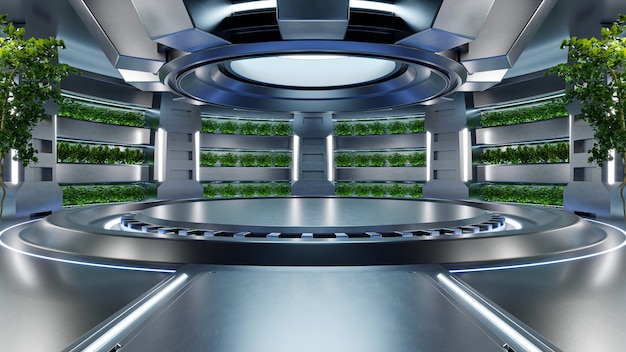 Hydroponics lab room on spacecraft with circle podium empty.3d rendering