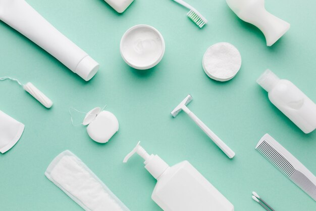 Hygiene products arrangement in flat lay