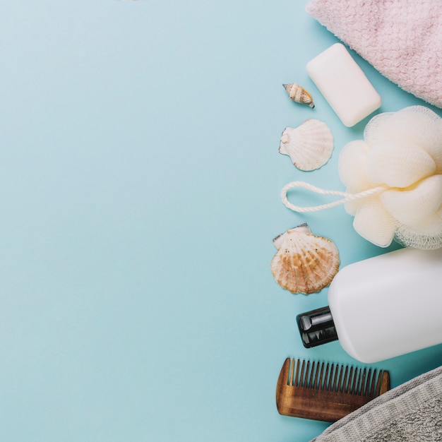 Hygiene supplies on blue background