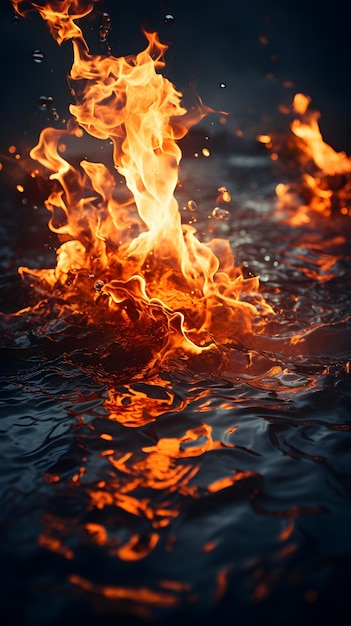 Effetto fuoco iperrealistico sotto lo sfondo dell'acqua