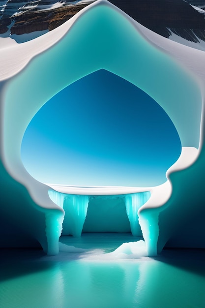 An ice cave with a blue sky and a white iceberg with a snow covered entrance