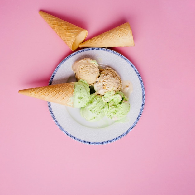 Ice cream background with cones and plate