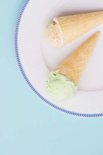 Ice cream background with cones on plate