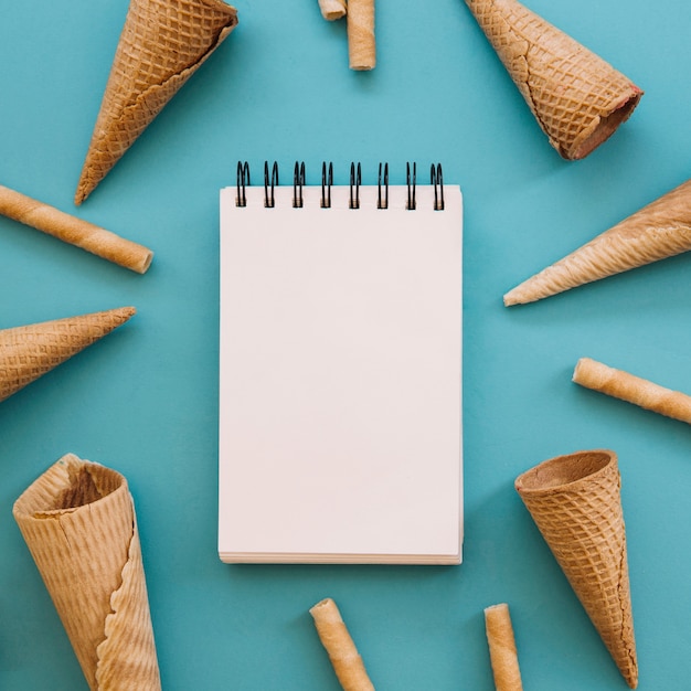 Ice cream background with notepad