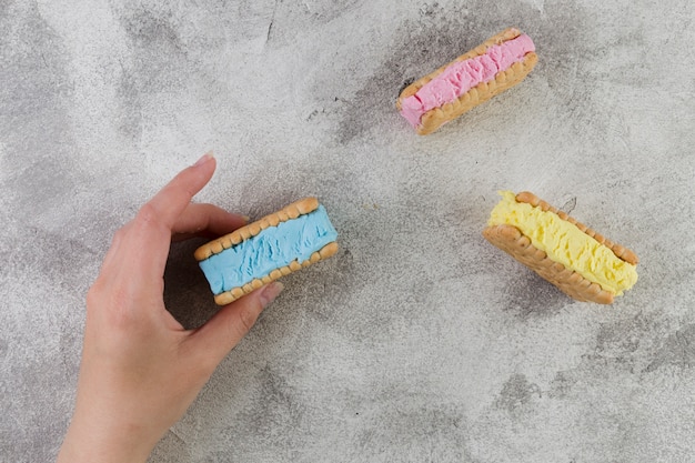 Ice cream biscuits on grey background