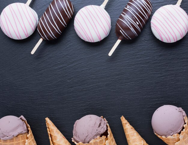 Ice cream on black table with copy space