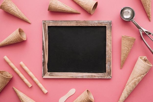 Ice cream concept with slate and cones