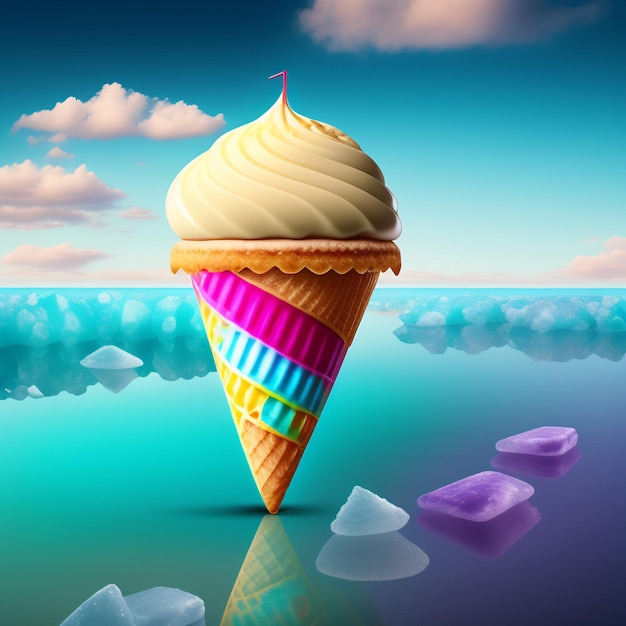 An ice cream cone is floating on the water and the ice cream is in front of it.