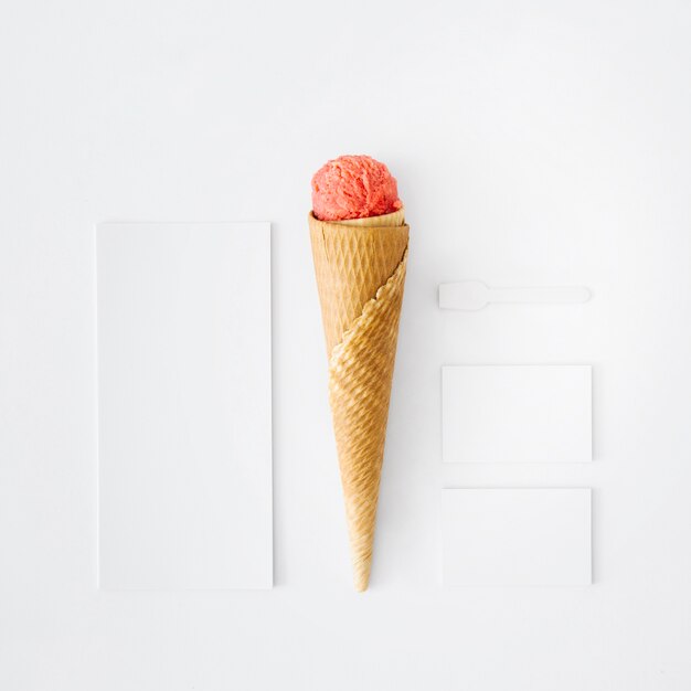 Ice cream cone with banner and business cards