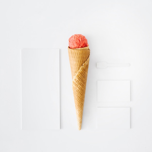 Ice cream cone with banner and business cards
