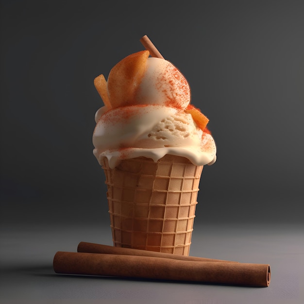 Free photo ice cream in a cone with cinnamon sticks on a gray background