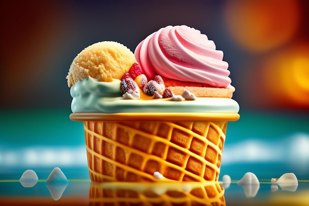 Конус мороженого с красочным конусом мороженого на нем.