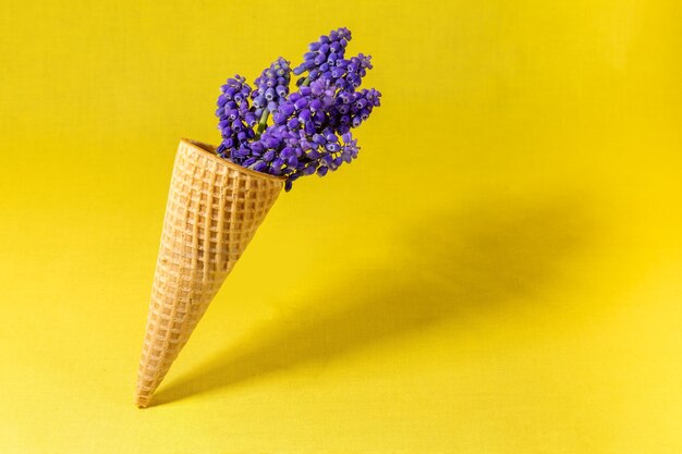 Ice cream cone with flowers on yellow wall. Side view, copy space, spring flowers concept