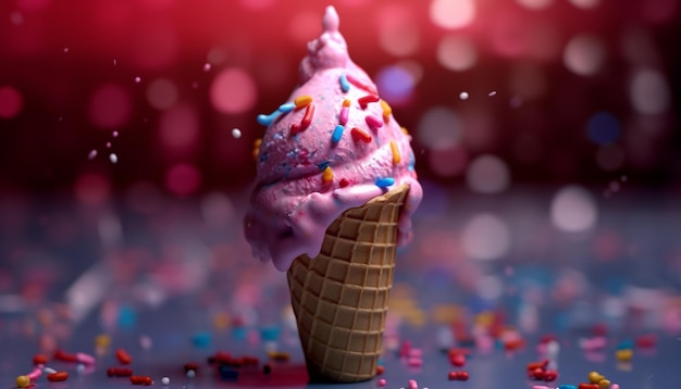 Free photo ice cream cone with multi colored toppings a sweet summer treat generated by artificial intelligence