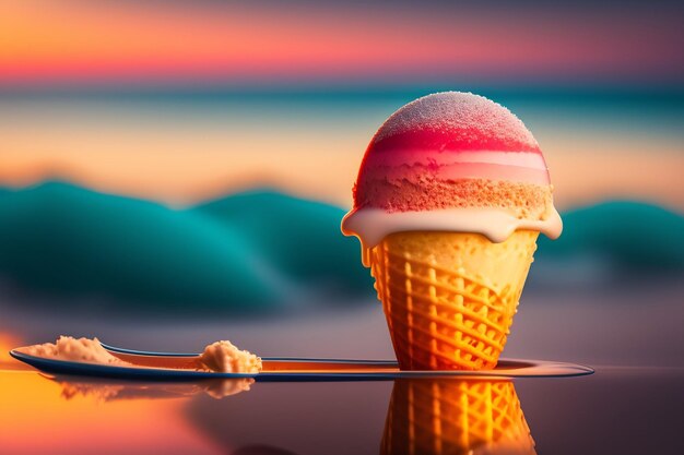 An ice cream cone with a pink and red ice cream on top of it.