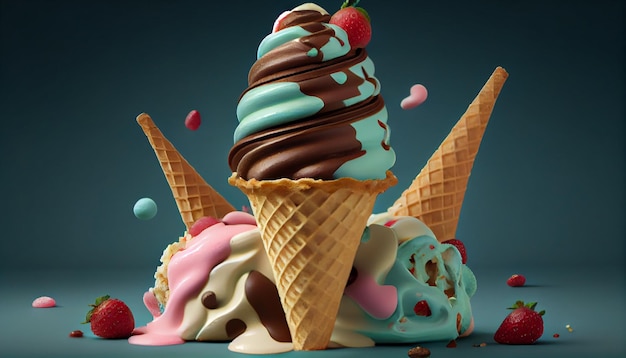 Рожок мороженого с клубникой и шоколадом, генерирующий ИИ