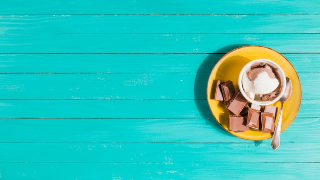 Ice cream served with chocolate