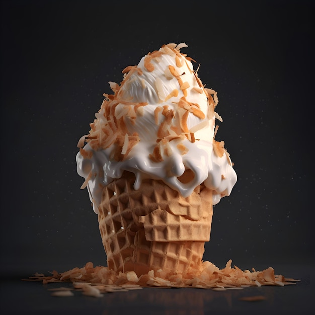 Free photo ice cream in waffle cone on black background 3d illustration
