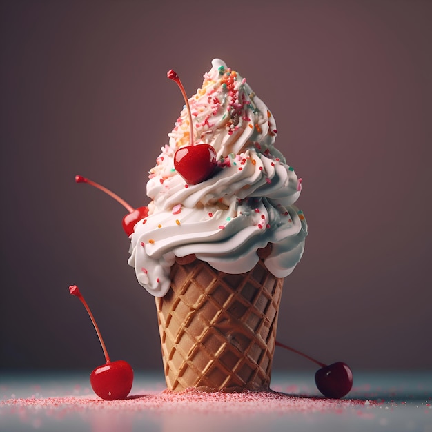 Free photo ice cream in a waffle cone with cherry on a dark background