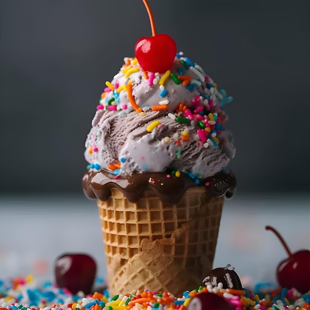 Foto gratuita gelato con ciliegie e spruzzate colorate su uno sfondo grigio
