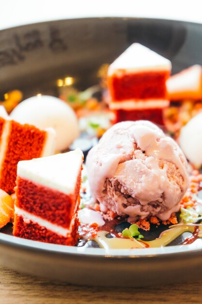 Ice cream with red velvet cake dessert