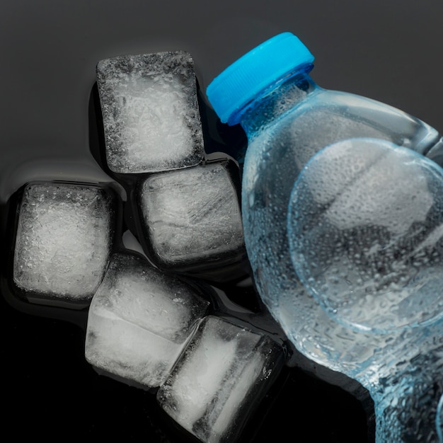 Ice cubes and bottle of water top view