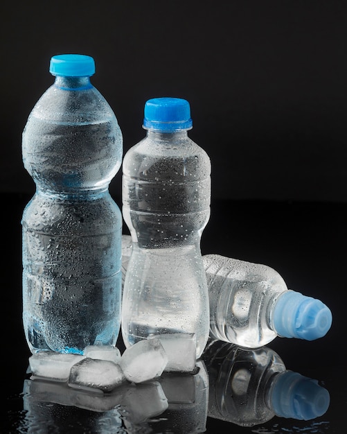 Ice cubes and bottles of water front view