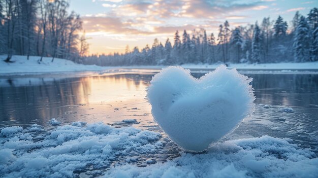 Ледяное сердце на берегу озера зимой