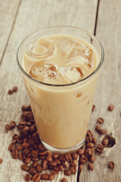 Ice latte with coffee beans